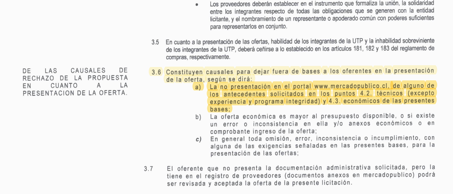 Fragmento destacado de Bases Administrativas que dio origen a la pregunta